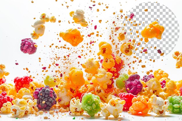 PSD fruity popcorn fiesta popcorn coated in a fruity glaze on transparent background