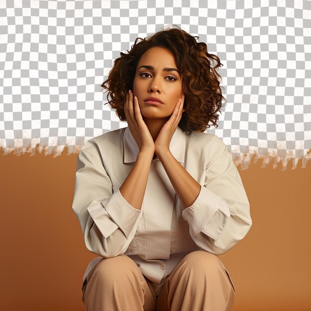 A frustrated adult woman with curly hair from the aboriginal australian ethnicity dressed in radiologist attire poses in a seated with head resting on hand style against a pastel beige back