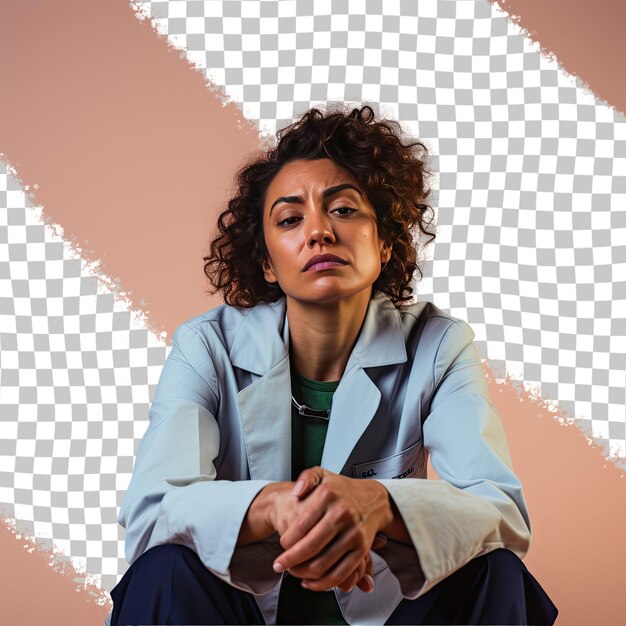 PSD a frustrated adult woman with curly hair from the aboriginal australian ethnicity dressed in radiologist attire poses in a seated with head resting on hand style against a pastel beige back