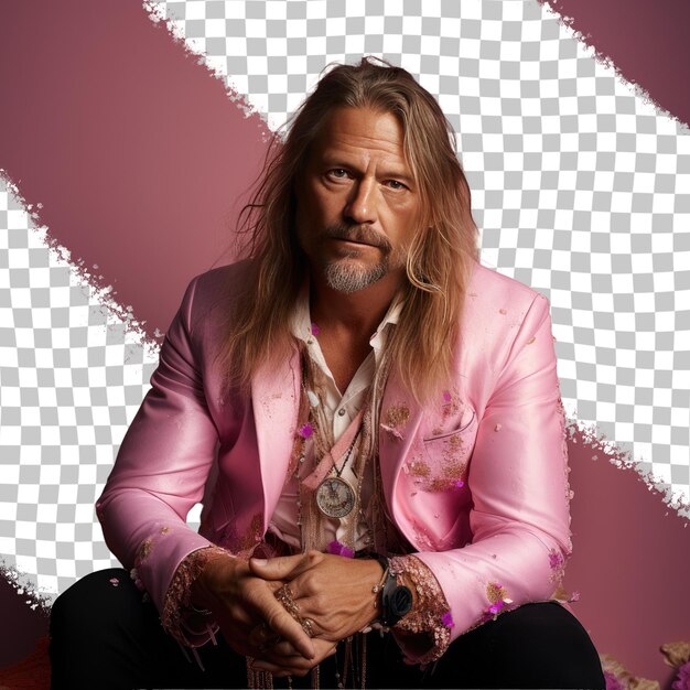 A frustrated middle aged man with long hair from the nordic ethnicity dressed in making jewelry attire poses in a hand brushing through hair style against a pastel apricot background