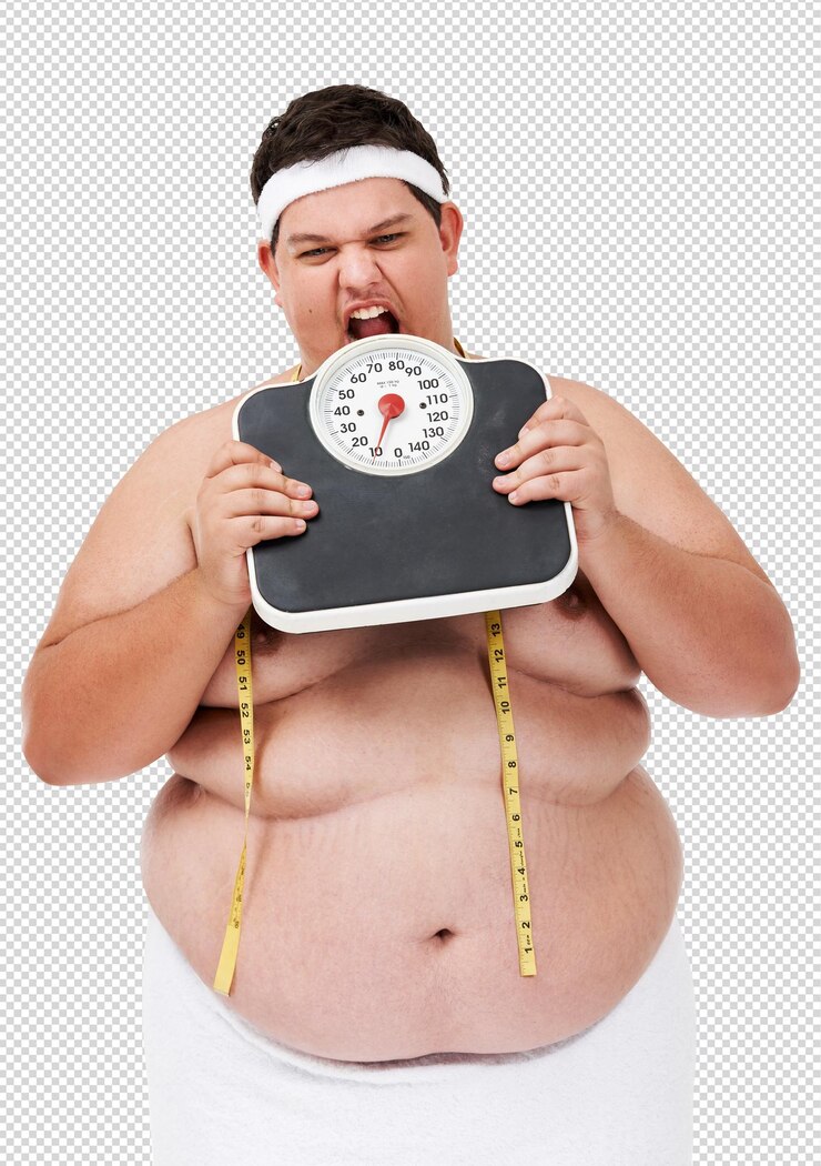PSD frustrated overweight man with a scale