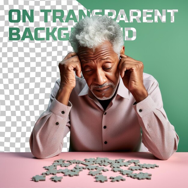 A frustrated senior man with short hair from the african ethnicity dressed in solving puzzles attire poses in a dramatic shadow play style against a pastel mint background