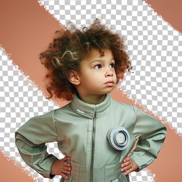 A frustrated toddler woman with curly hair from the scandinavian ethnicity dressed in aerospace engineer attire poses in a one shoulder forward style against a pastel green background