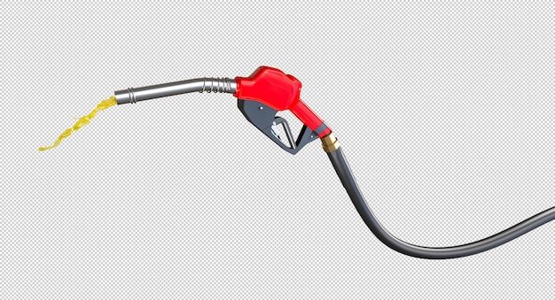fuel nozzle with spilling gasoline on white background