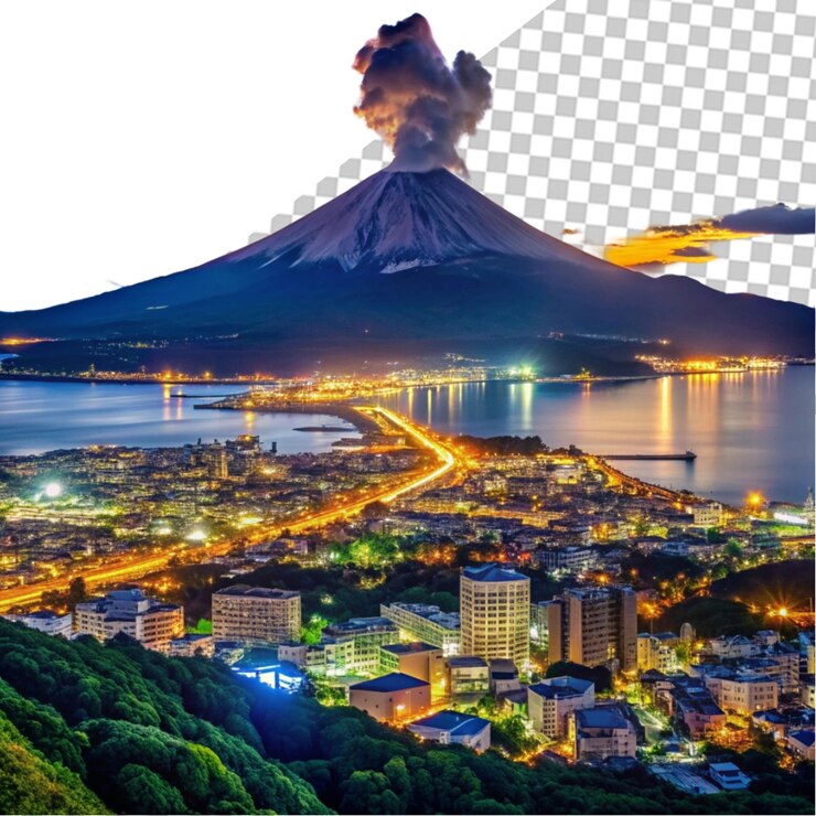 PSD fuji mountains and fujikawaguchiko city at night japan