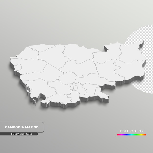 Fuldt redigerbar isometrisk 3D-rendering af Cambodia i hvid, med distrikter eller provinser, hvid isoleret baggrund.