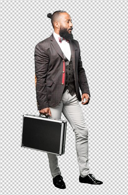 PSD full body black man holding a briefcase