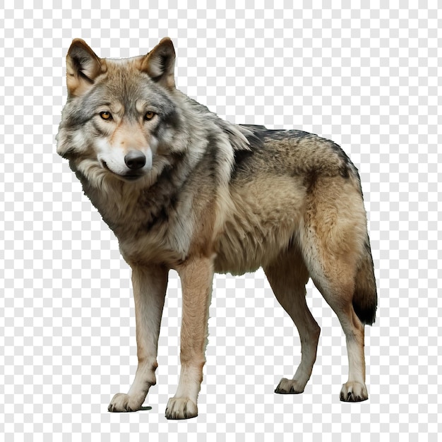 Full body of gray wolf standing on transparent background