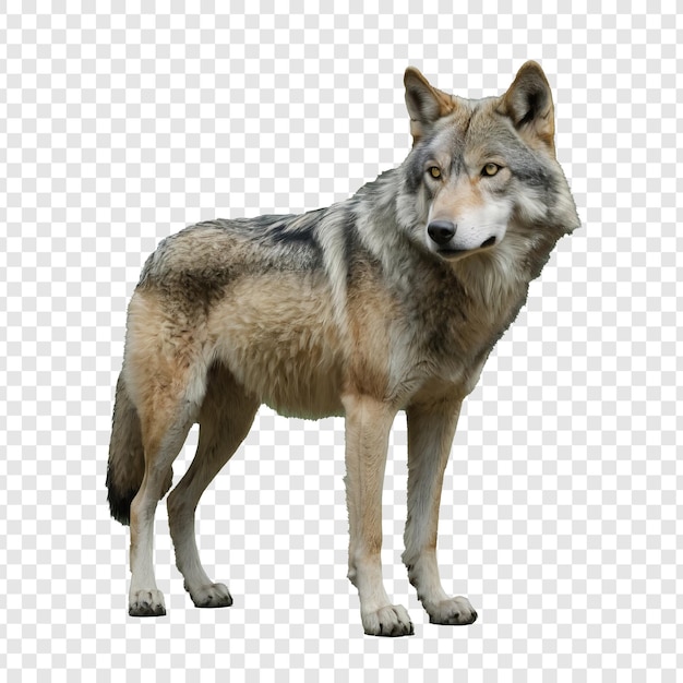 Full body of gray wolf standing on transparent background