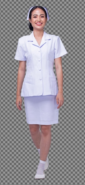 Full body length figure 20s asian woman wear nurse white uniform pants, shoes walk smile isolated, female doctor smile walking over studio shot white background