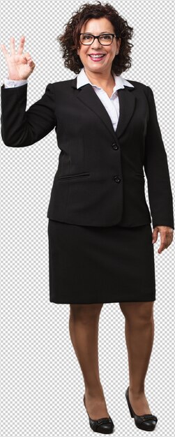 PSD full body middle age business woman cheerful and confident doing ok gesture, excited and screaming, concept of approval and success