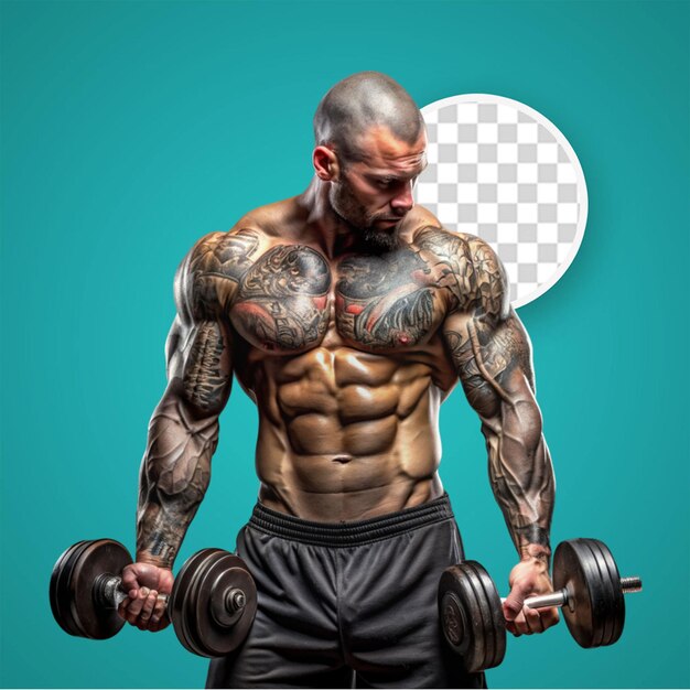 PSD full body portrait of athletic shirtless male doing biceps workouts with dumbbells in a gym club