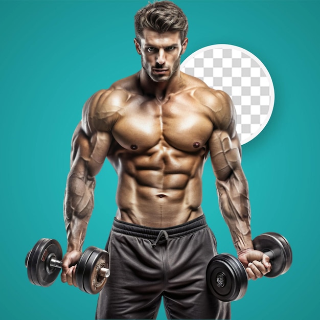 PSD full body portrait of athletic shirtless male doing biceps workouts with dumbbells in a gym club