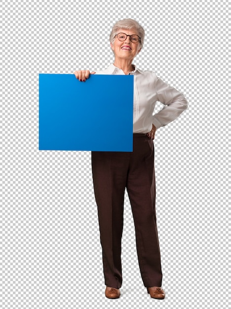 PSD full body senior woman cheerful and motivated, showing a blank placard