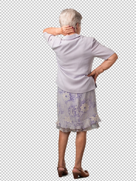 Full body senior woman showing back, posing and waiting, looking back