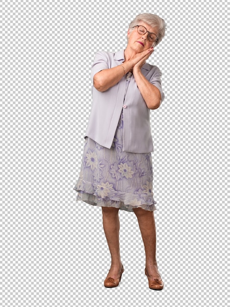 Full body senior woman tired and very sleepy, looking comfortable and relaxed, sleep gesture