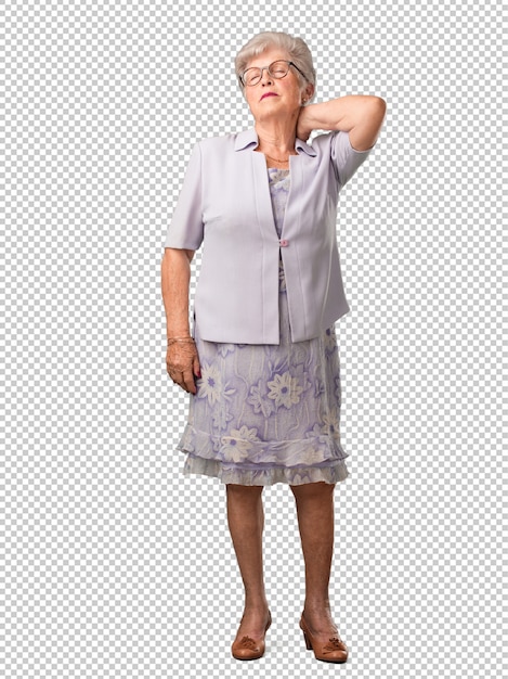 Full body senior woman with back pain due to work stress, tired and astute