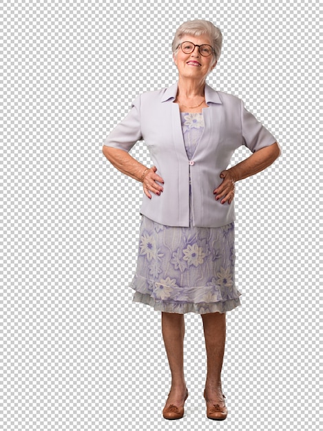 PSD full body senior woman with hands on hips, standing, relaxed and smiling, very positive and cheerful