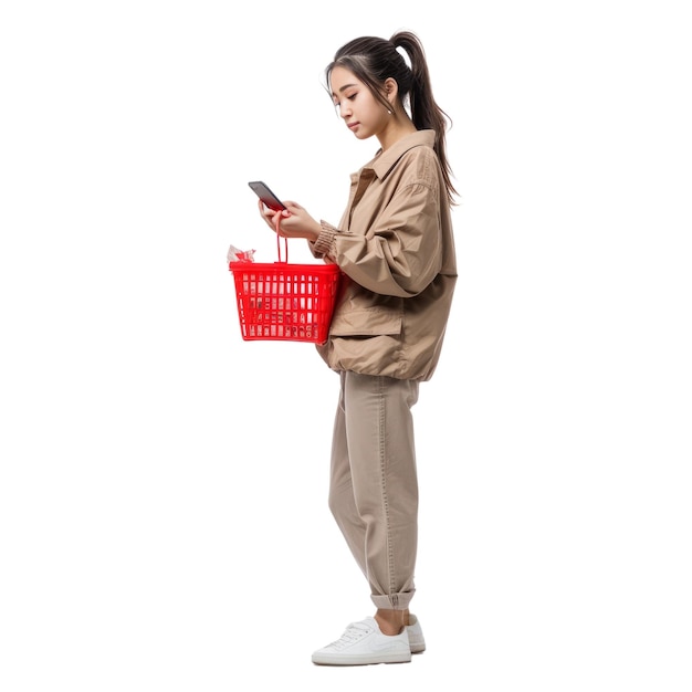 Веселая молодая женщина в повседневной одежде держит красную корзину с продуктами питания использует мобильный телефон