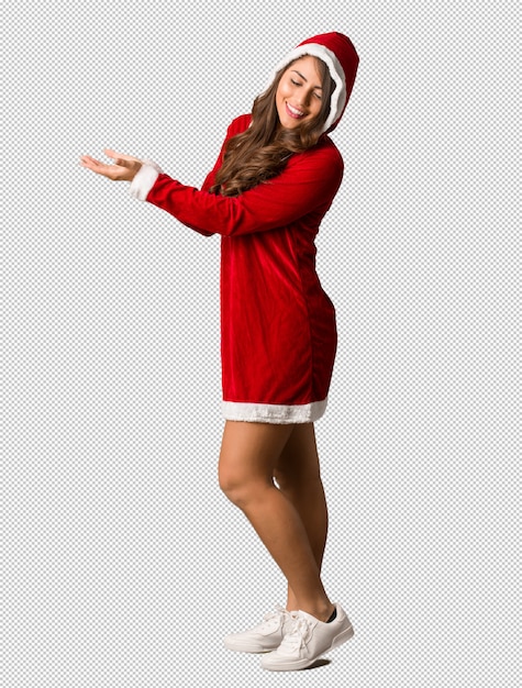 PSD full body young santa curvy woman holding something with hands