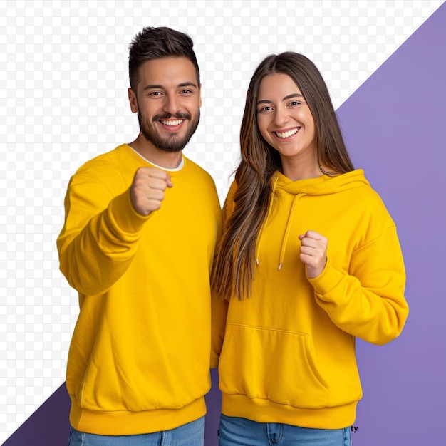 PSD full body young smiling happy couple two friends family man woman together in yellow casual clothes looking camera giving a fist bump in agreement isolated on plain violet isolated background s