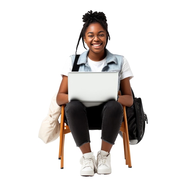 PSD corpo pieno giovane studente sorridente divertente felice donna nera in abiti casuali camicia camicia bianca seduta in borsa sedia tenere uso lavoro su laptop
