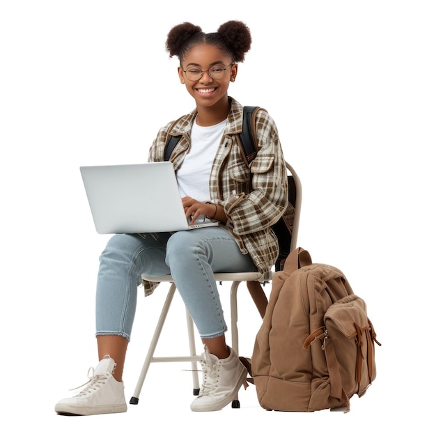 全身の若い笑顔の学生 楽しい幸せな黒人女性 カジュアルな服を着て 白いtシャツを着て バッグに座って 椅子を握って ラップトップで仕事をします