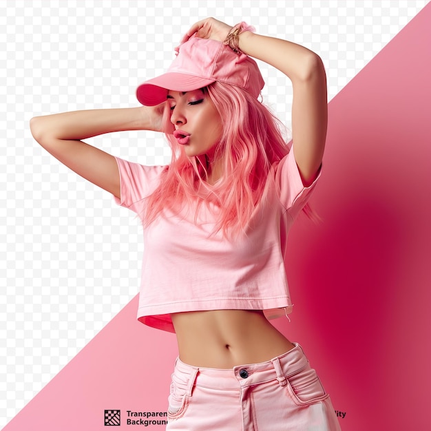 Donna giovane di 20 anni con capelli rosa colorati brillanti in camicia a top rosa con cappello che fa dab hip hop danza mani muoversi gesto isolato su sfondo chiaro pastello rosa isolato stile di vita fa