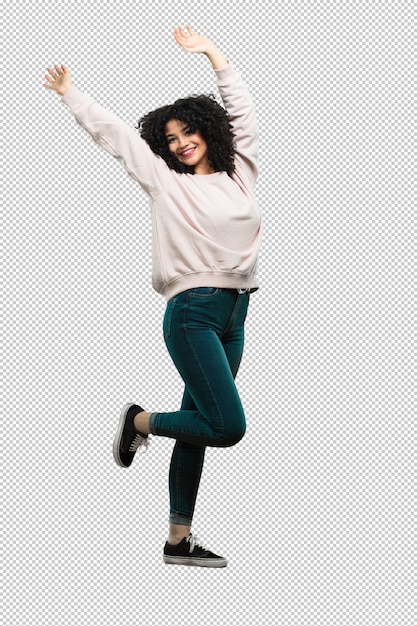 full body young woman doing winner gesture