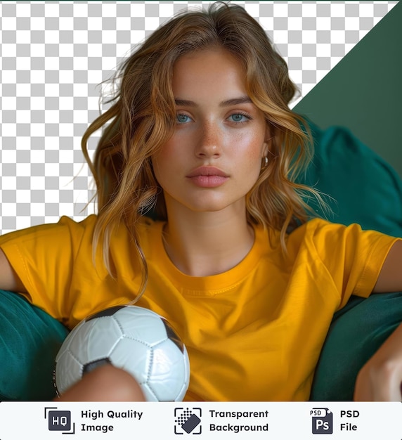 PSD full body young woman fan in basic yellow t shirt cheer up support football sport team sit in sofa