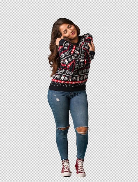 PSD full body young woman wearing a christmas jersey giving a hug