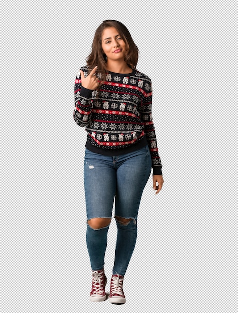 PSD full body young woman wearing a christmas jersey inviting to come