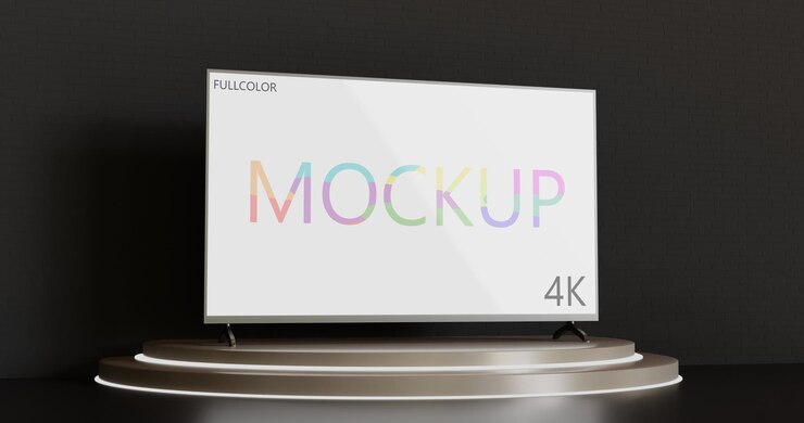 3Dレンダリングされたショーケースステージのフルカラーテレビモックアップ