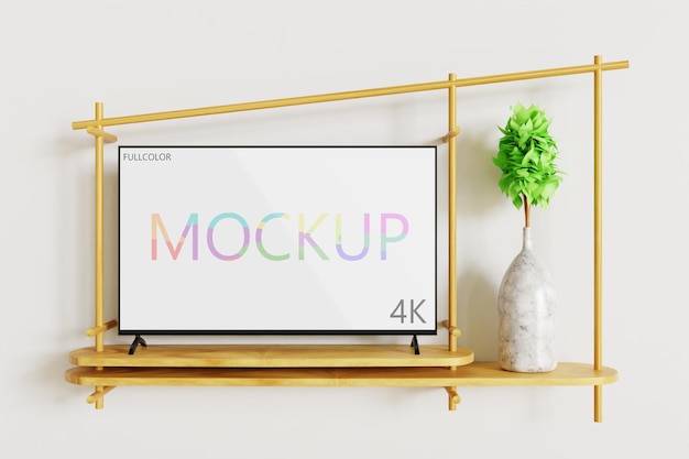 PSD mockup di tv a colori sulla scrivania a muro in legno