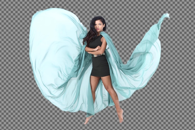full length 20s young asian woman black hair skirt dress run and jump with action poses. tanned skin slim girl throw green fabric cloth in air and fluttering motion blur over white background isolated