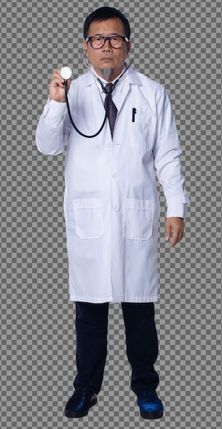 PSD full length of 60s 50s asian elderly doctor man wear lab coat, glasses check stethoscope, isolated . senior medical male diagnose check condition of patient act with stethoscope over white background