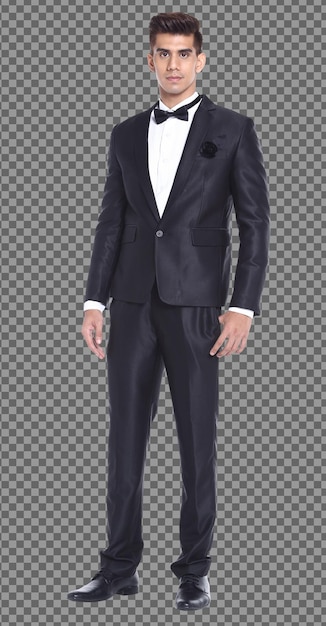 PSD full length body 20s caucasian business man black hair wear formal suit and stand walk, isolated. tanned skin muscular male standing wear wedding bride groom dress, white background