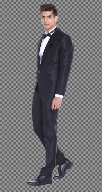 PSD full length body 20s caucasian business man black hair wear formal suit and stand walk, isolated. tanned skin muscular male standing wear wedding bride groom dress, white background