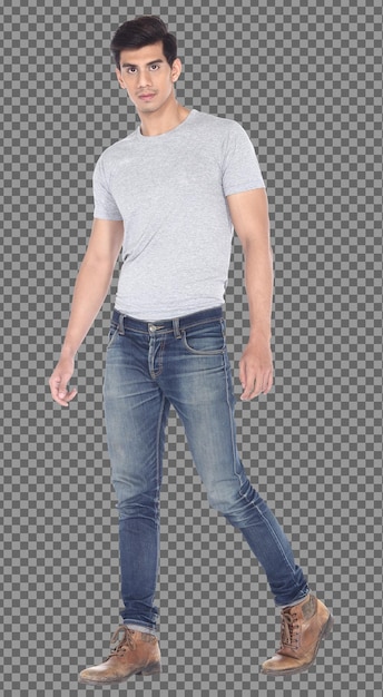 PSD full length body 20s caucasian man black hair wear casual gray shirt and stand walk, isolated. tanned skin muscular male standing walking look at camera cross arms hands, white background