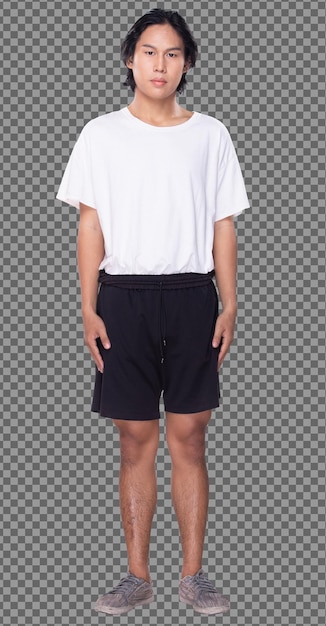 PSD full length body figure of 20s asian man black hair white shirt short pant sneaker shoes, stand profile. male stands and turn front rear side back view over white background isolated