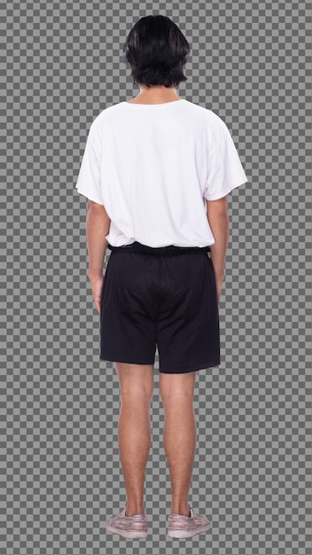 PSD full length body figure of 20s asian man black hair white shirt short pant sneaker shoes, stand profile. male stands and turn front rear side back view over white background isolated