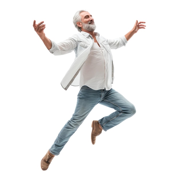 Full length body size view of attractive cheerful carefree greyhaired man dancing