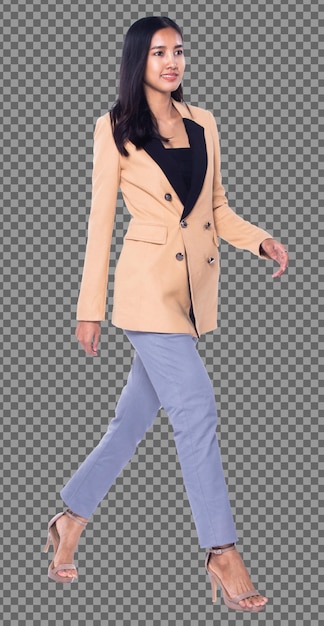 PSD full length body snap figure, 20s asian business woman smart in cream blazzer suit pants, isolated. tanned skin girl has long straight black hair walk toward smile over white background studio