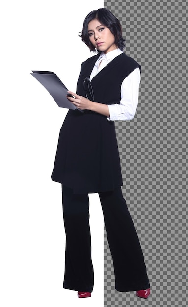 PSD full length body snap figure, 20s asian business woman smart in dress pants, isolated. tanned skin office girl has short black hair stand walk toward smile over white background studio sit on chair