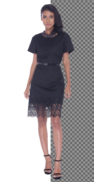 PSD full length body snap figure, 20s asian business woman smart in formal dress skirt, isolated. tanned skin office girl has short straight black hair stand hold paper files, white background studio