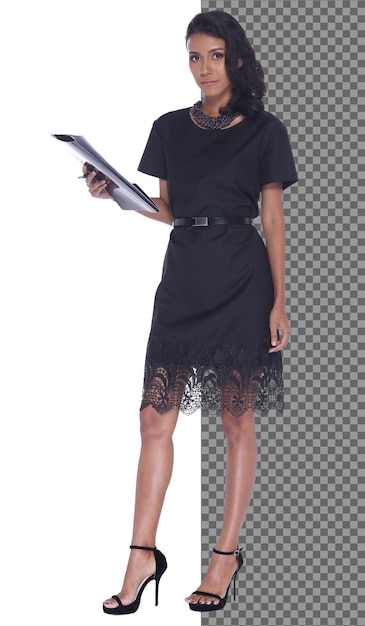 Full Length body Snap Figure, 20s Asian Business Woman smart in formal dress skirt, isolated. Tanned skin office girl has short straight black hair stand hold paper files, white background studio