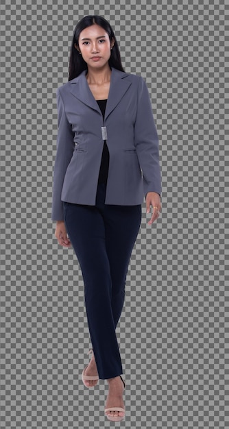 PSD full length body snap figure, 20s asian business woman smart in gray blazzer suit pants, isolated. tanned skin girl has long straight black hair walk toward smile over white background studio