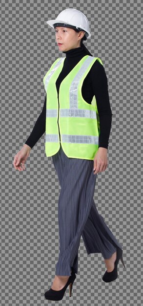 Full length figure of 40s 50s asian lgbtqia+ woman engineer client wear safety suit hard hat. female walk slim smart and turn left right view over white background isolated