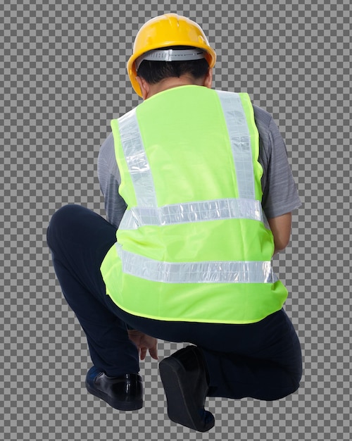 PSD full length figure of 50s 60s asian elderly man engineer builder wear safety vest hard hat hammer. senior male sit and hit nail with hammer over white background isolated, rear side back view