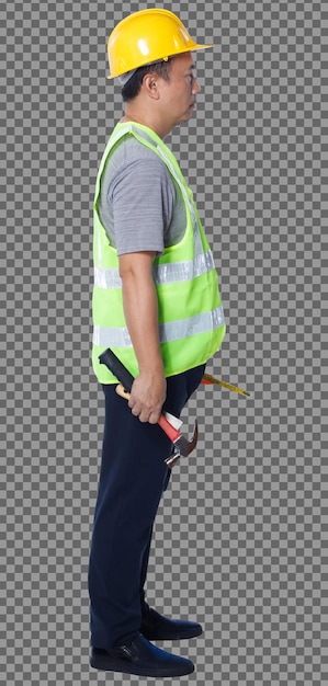 PSD full length figure of 50s 60s asian elderly man engineer wear safety vest hard hat tools, isolated. senior male stands and turns 360 around rear side back view over white background